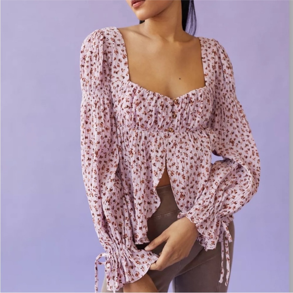 Urban Outfitters pink floral boho Allie Tie-Sleeve Blouse size Large